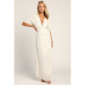 Lulus Goddess Vibes Ivory Gold Striped Dolman Sleeve Maxi Dress White - Size L